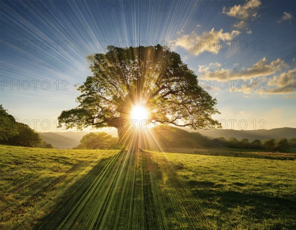 An awe-inspiring scene showcasing the sun's rays bursting through a solitary tree, illuminating a tranquil green meadow against a dramatic morning sky. A symbol of peace, life, and scenic nature, AI generated