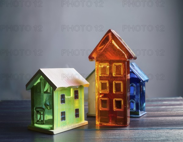 A collection of small glass model houses with cozy lighting, creating a warm and inviting atmosphere, AI generated
