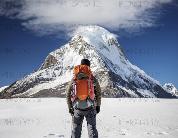 Lone climber equipped with winter gear trekking through pristine snow towards a towering mountain peak under vibrant sunlight, AI generated