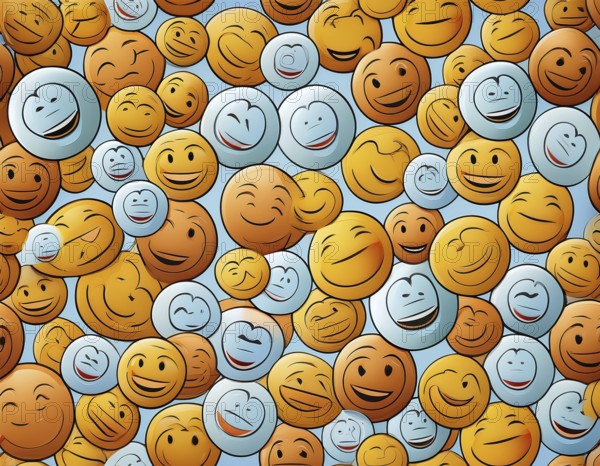 Colorful illustration featuring a seamless pattern of cheerful smiley faces on a blue surface, evoking happiness and positivity, AI generated