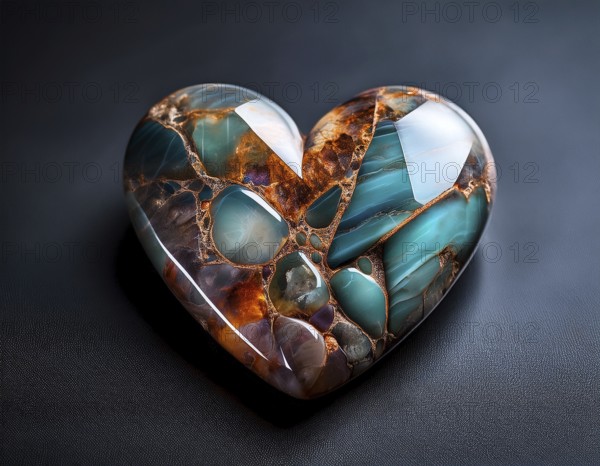 A heart-shaped gemstone with vivid colors placed on a textured surface, capturing an elegant and romantic atmosphere, AI generated