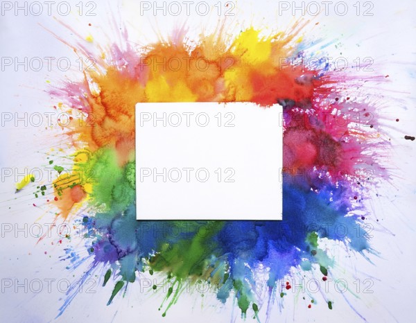 Vibrant watercolor splash in rainbow hues framing a oval white blank circle, perfect for creative designs, AI generated