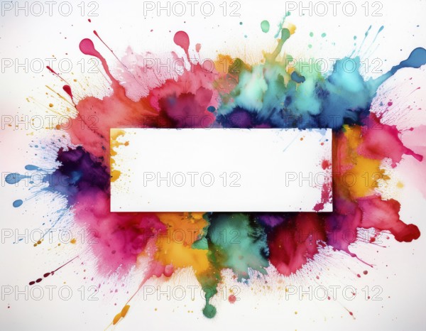 Vibrant watercolor splash in rainbow hues framing a oval white blank circle, perfect for creative designs, AI generated