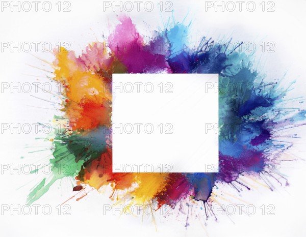 Vibrant watercolor splash in rainbow hues framing a oval white blank circle, perfect for creative designs, AI generated