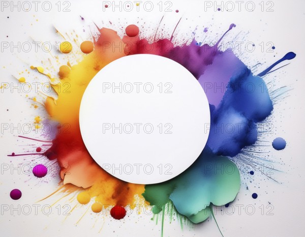 Vibrant watercolor splash in rainbow hues framing a central white blank circle, perfect for creative designs, AI generated