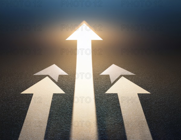 A bold blue arrow pointing upward, surrounded by four silver arrows. Represents leadership, decision-making, and strategic direction. Illuminated by warm light, conveying focus and determination, AI generated