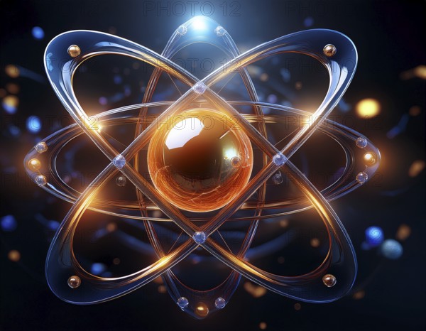 A vibrant illustration of an atomic structure with colorful spheres and connections, illuminated and set against a dark contrasting background, AI generated