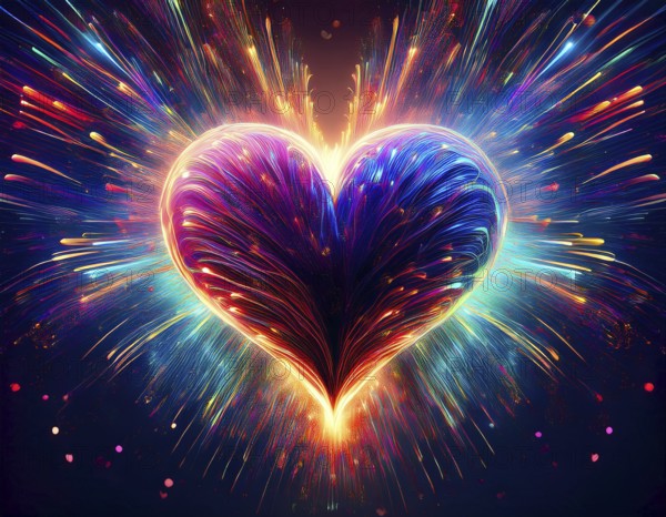 Colorful artistic display featuring vibrant light patterns shaped like a heart, expressing love and creativity through illuminated fibers in a mesmerizing spectrum of rainbow hues, AI generated