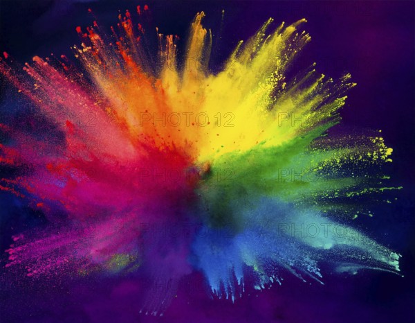 Colorful abstract art depicting a vibrant explosion of rainbow hues on a dark background, evoking creativity and artistic expression, AI generated