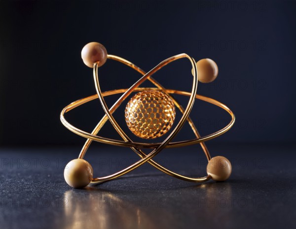 A vibrant illustration of an atomic structure with colorful spheres and connections, illuminated and set against a dark contrasting background, AI generated