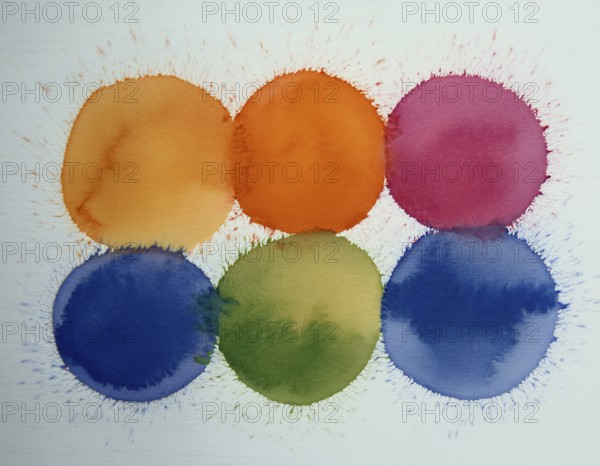 Colorful watercolor circles painted on a white background create a vibrant and artistic design. Bright colors including orange, blue, red, and green offer inspiration for artistic creation and design projects, AI generated