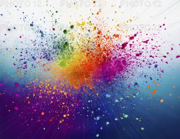 Vibrant and energetic multicolored powder explosion captured against awhite background. Evoking festival celebrations reminiscent of Holi, with dynamic motion and graphic potential for creative artistic projects, AI generated