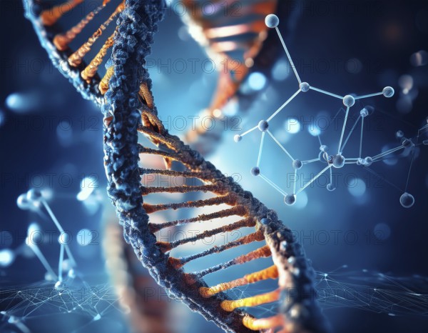 Colorful depiction of a DNA strand, highlighting molecular connections and biology insights, emphasizing innovation and science, AI generated