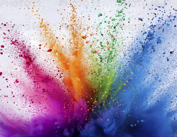 Vibrant and energetic multicolored powder explosion captured against awhite background. Evoking festival celebrations reminiscent of Holi, with dynamic motion and graphic potential for creative artistic projects, AI generated