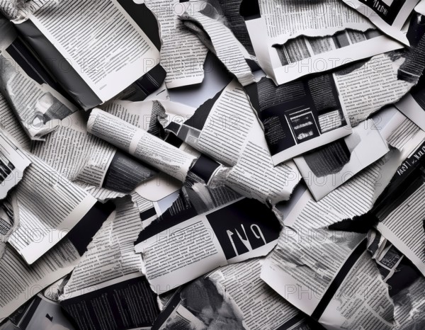 A collage of torn black-and-white newspaper and magazine pages creates a detailed and artistic abstract composition, evoking ideas of texture, information, and creativity, AI generated