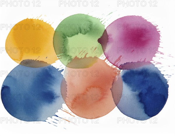 Colorful watercolor circles painted on a white background create a vibrant and artistic design. Bright colors including orange, blue, red, and green offer inspiration for artistic creation and design projects, AI generated