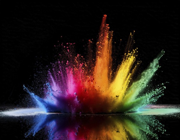 Vibrant and energetic multicolored powder explosion captured against a dark background. Evoking festival celebrations reminiscent of Holi, with dynamic motion and graphic potential for creative artistic projects, AI generated