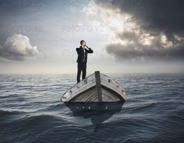 A surreal and contemplative scene of a businessman standing alone on a boat over calm ocean waters. The setting evokes introspection, isolation, and determination amidst serene and tranquil surroundings, AI generated
