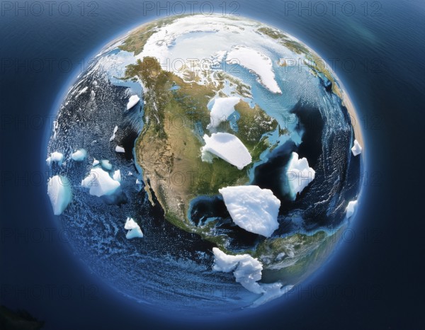 A symbolic depiction of Earth submerged in ocean water amidst melting ice, emphasizing climate change, global warming effects, and environmental conservation. The image portrays rising sea levels and dramatic environmental consequences, AI generated