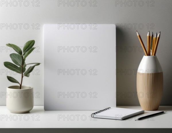 A clean, organized workspace featuring decorative objects, a white blank canvas, greenery, and essentials like notebooks and pencils. Ideal for showcasing creativity, design, or minimalist modern interiors, AI generated