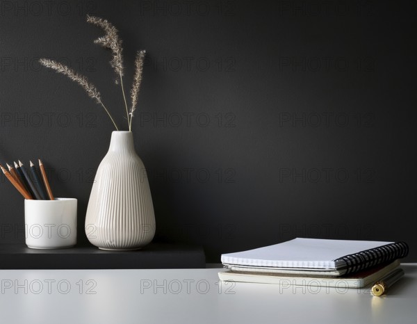 A clean and modern office workspace featuring a pen holder, notebook, and ceramic vase against a dark wall, AI generated