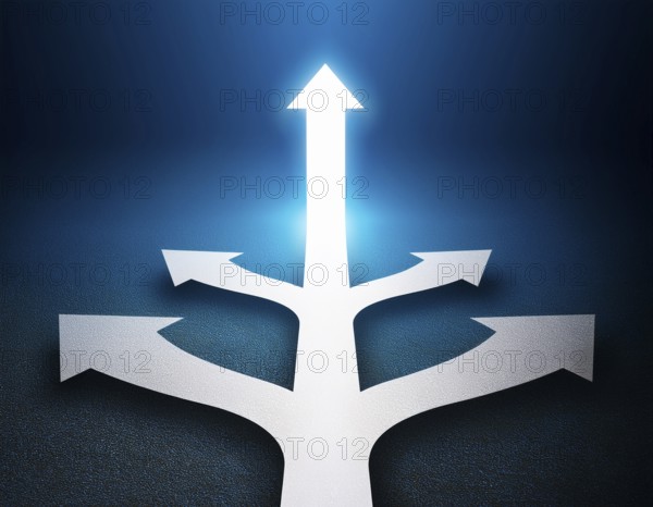 A bold blue arrow pointing upward, surrounded by four silver arrows. Represents leadership, decision-making, and strategic direction. Illuminated by warm light, conveying focus and determination, AI generated