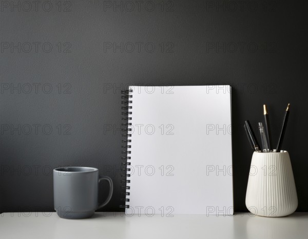 A clean, organized workspace featuring decorative objects, a white blank canvas, greenery, and essentials like notebooks and pencils. Ideal for showcasing creativity, design, or minimalist modern interiors, AI generated