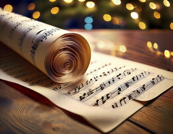 A close-up image of rolled sheet music placed on a rustic surface, highlighted by a warm bokeh effect created by glowing lights in the blurred background, AI generated
