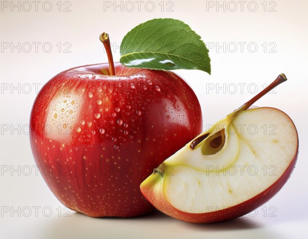 Close-up of a vibrant red apple with a green leaf and a sliced half, showcasing its glossy texture and light yellow interior, isolated on a white background, symbolizing health and natural food concepts, AI generated