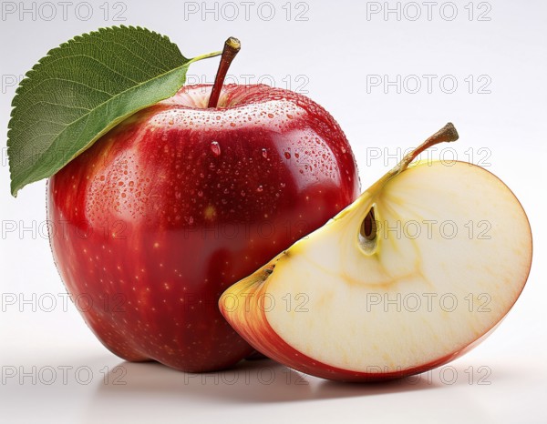 Close-up of a vibrant red apple with a green leaf and a sliced half, showcasing its glossy texture and light yellow interior, isolated on a white background, symbolizing health and natural food concepts, AI generated
