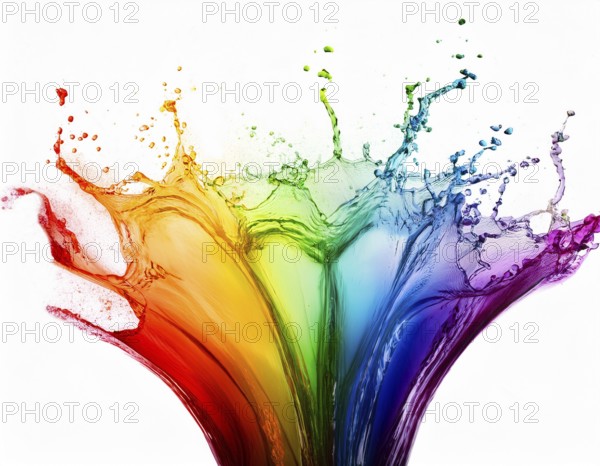 A vivid and dynamic display of multicolored paint splashing in motion against a pristine white backdrop, conveying energy, creativity, and colorful artistry for vibrant compositions and conceptual visuals, AI generated