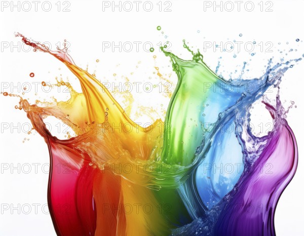 A vivid and dynamic display of multicolored paint splashing in motion against a pristine white backdrop, conveying energy, creativity, and colorful artistry for vibrant compositions and conceptual visuals, AI generated