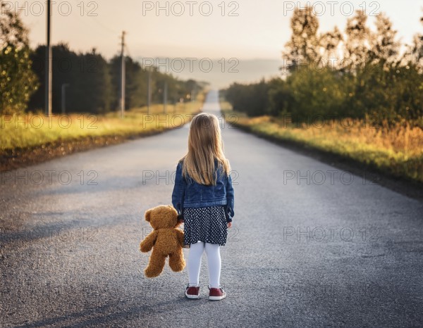 A young child stands alone holding a teddy bear in an urban outdoor setting, symbolizing innocence and isolation, AI generated