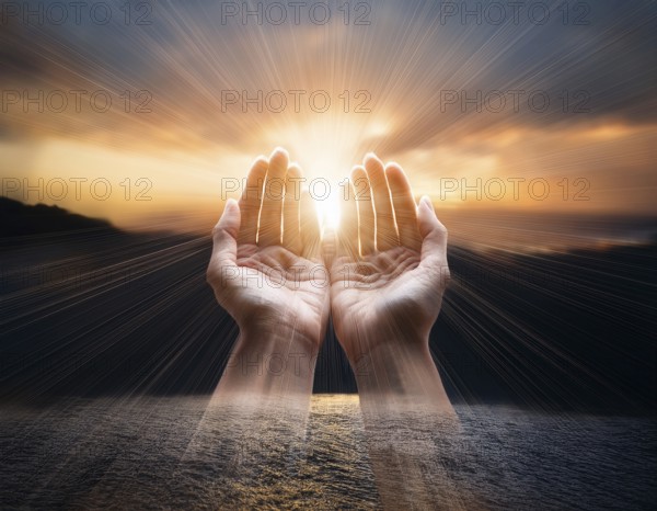 Image of open hands embracing a radiant light source, embodying concepts of hope, spirituality, and inspiration. Features strong symbolism and evocative atmosphere for spiritual, motivational, or artistic themes, AI generated