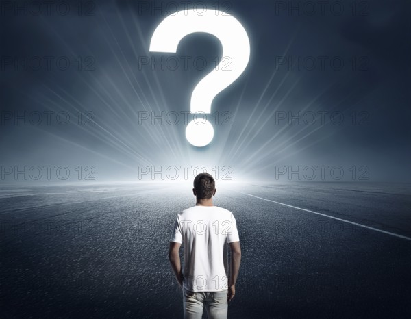 A person stands in contemplation near a large glowing question mark on an open grassy plain, symbolizing curiosity, inquiry, and reflection in a dramatic and thoughtful landscape setting, AI generated