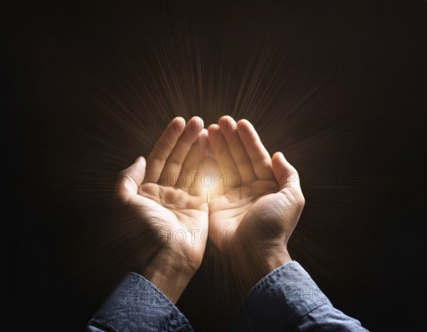 Image of open hands embracing a radiant light source, embodying concepts of hope, spirituality, and inspiration. Features strong symbolism and evocative atmosphere for spiritual, motivational, or artistic themes, AI generated
