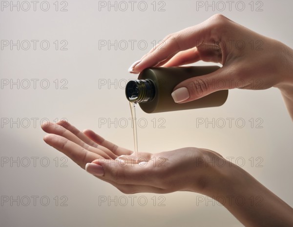 A close-up view of hands pouring a creamy lotion from a bottle into a palm. The scene emphasizes skincare, simplicity, and cleanliness, with a neutral background highlighting the product and action, AI generated