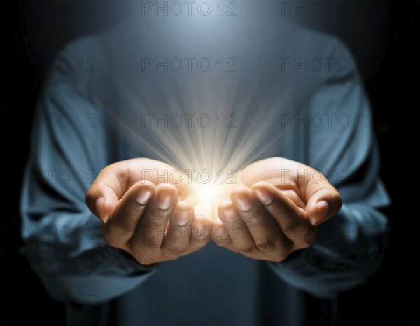 Individual Worship at Home. Image of open hands embracing a radiant light source, embodying concepts of hope, spirituality, and inspiration. and religion, AI generated