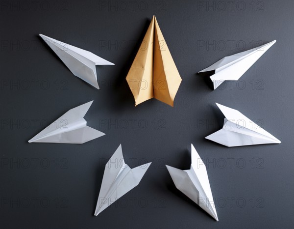 Six colorful origami paper airplanes are displayed in a creative arrangement on a bright background, emphasizing creativity, symmetry, and vibrant artistic expression. Perfect for themes related to art, craft, and fun, AI generated