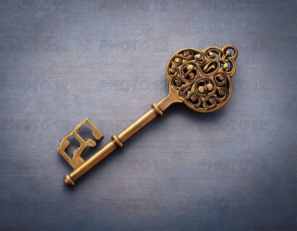 The intricately designed antique gold key lies on a dark leather surface, exuding mystery and elegance, perfect for exploring themes such as secrets, history, symbolism, and security, AI generated