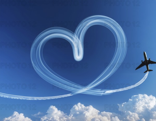An airplane creates heart-shaped contrails in a vivid blue sky above fluffy white clouds, symbolizing love or travel. This scene combines nature, artistry, and aviation to evoke feelings of warmth and adventure, AI generated
