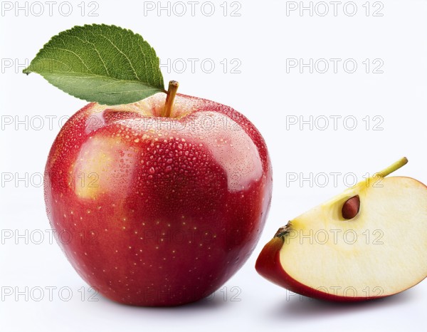 Close-up of a vibrant red apple with a green leaf and a sliced half, showcasing its glossy texture and light yellow interior, isolated on a white background, symbolizing health and natural food concepts, AI generated