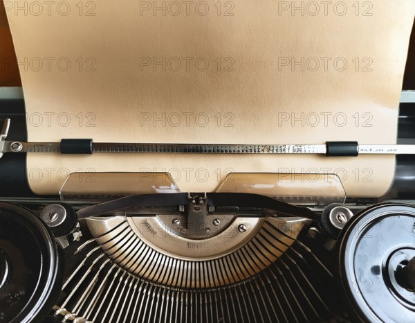 View from above of a retro typewriter equipped with a blank paper sheet, representing creativity, literary work, and nostalgia for traditional written communication methods, AI generated