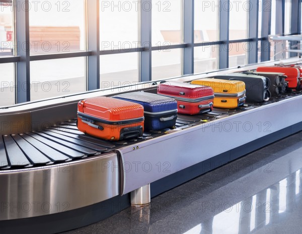 Baggage on a conveyor belt at an airport providing a travel and departure theme, AI generated