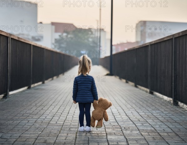 A young child stands alone holding a teddy bear in an urban outdoor setting, symbolizing innocence and isolation, AI generated
