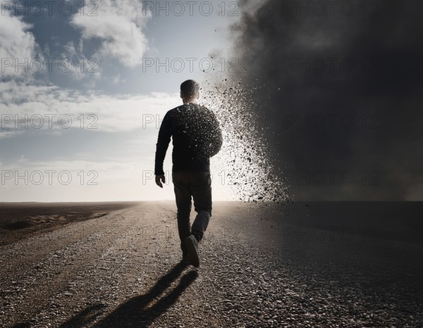 Creative image showing a silhouette of a man merging with an abstract dispersion effect and dramatic light, symbolizing transformation, disintegration, creativity, and inspiration with a focus on artistic exploration, AI generated