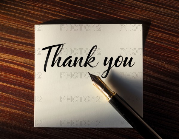 Elegant pen rests alongside a handwritten Thank You card on a wooden surface in soft light. Emphasizing gratitude, personal touch, and communication through traditional methods, AI generated