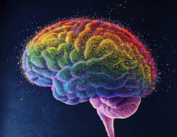 Vivid artistic interpretation of a human brain featuring a spectrum of colors and dotted patterns. Expresses creativity, neuroscience, and cognitive exploration in a visually striking style, AI generated