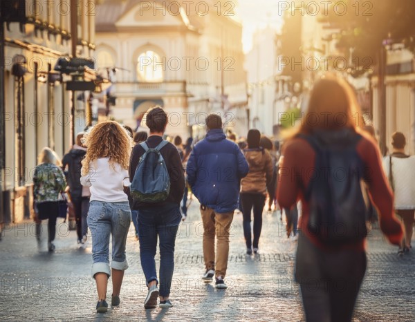 A vibrant urban street captures a diverse crowd enjoying a stroll under the warm sunlight, with beautiful architecture and blooming flower decorations creating a welcoming atmosphere, AI generated