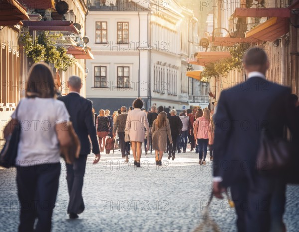A vibrant urban street captures a diverse crowd enjoying a stroll under the warm sunlight, with beautiful architecture and blooming flower decorations creating a welcoming atmosphere, AI generated